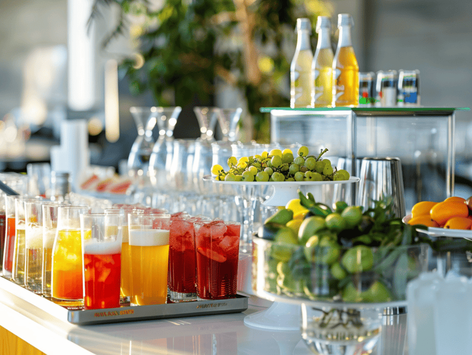 Getränkecatering Hamburg mit Getränkestation, Gläsern und Bar Setup