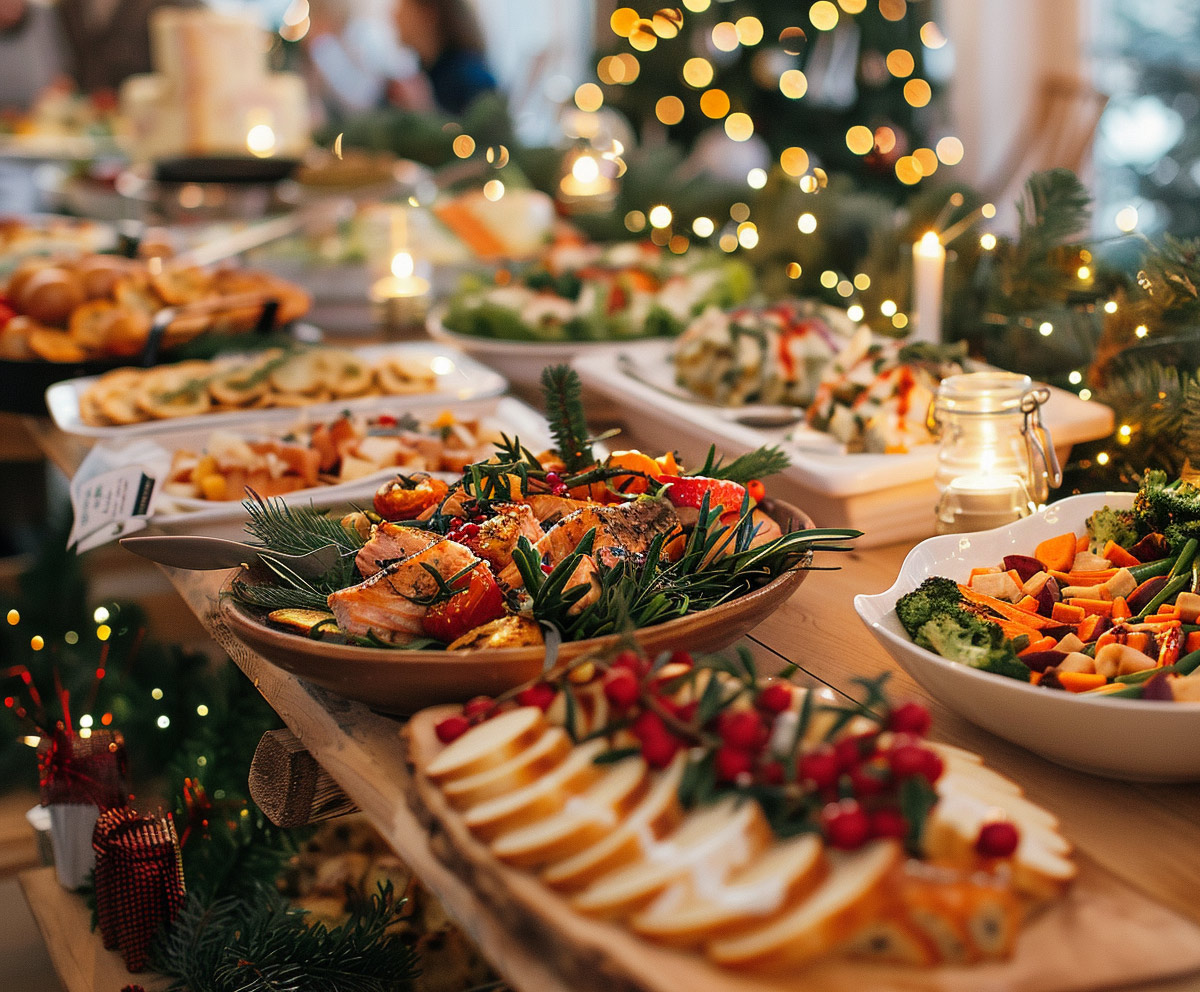 Winterliche Vorspeisen und Lachs auf dem Buffet