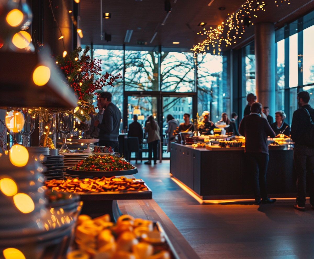 Firmenfeier mit Buffet, Lichtern und Gästen im Winter