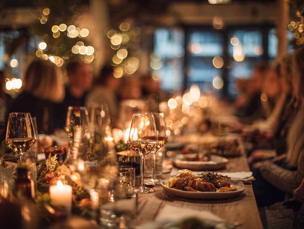 Firmen-Weihnachtsfeier mit Wein und Kerzenlicht