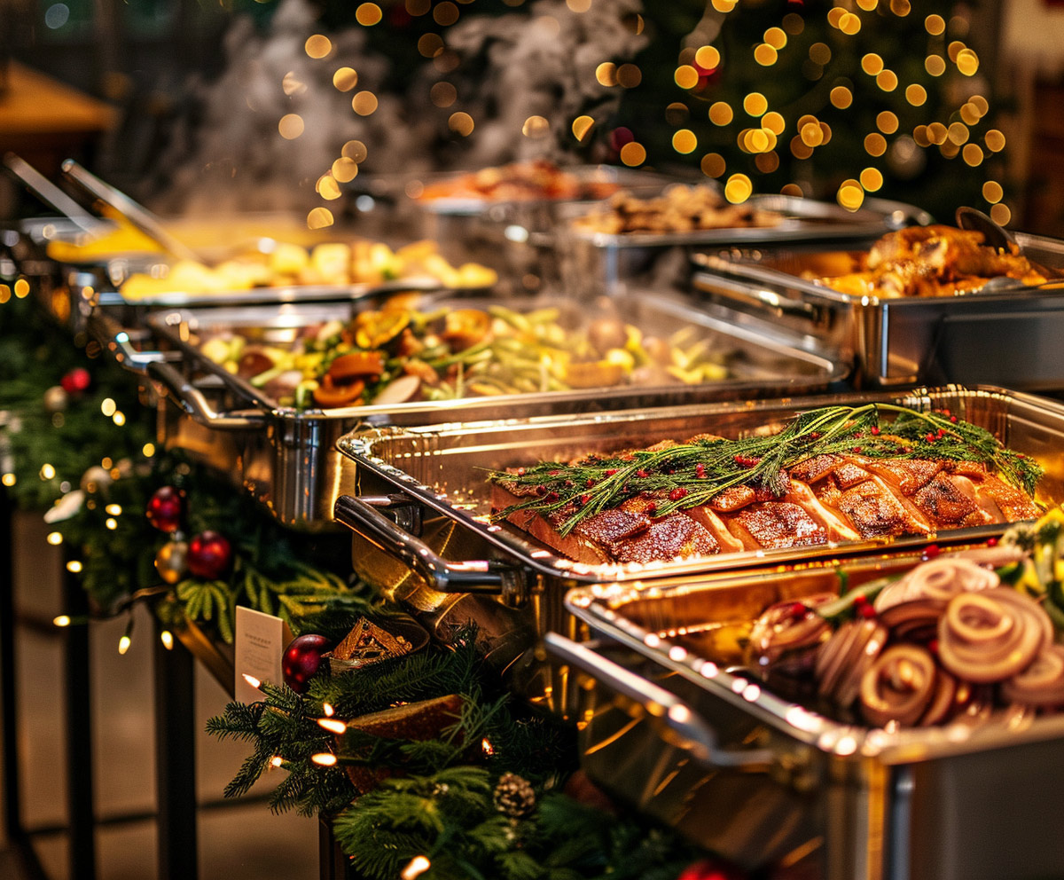 Weihnachtsbuffet mit Braten, Beilagen und festlicher Dekoration