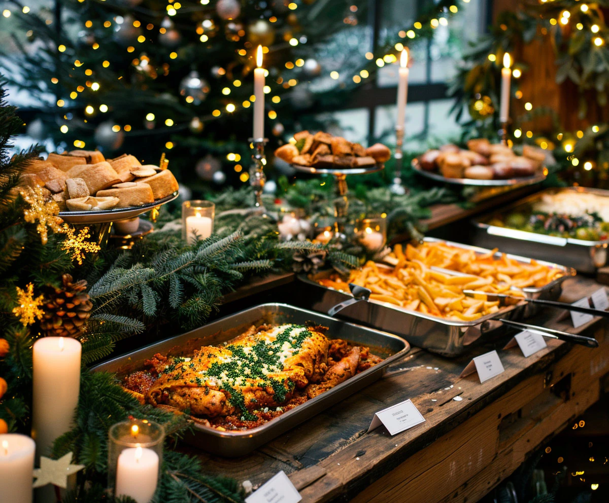 Gedeckte Firmenweihnachtsfeier mit Buffet