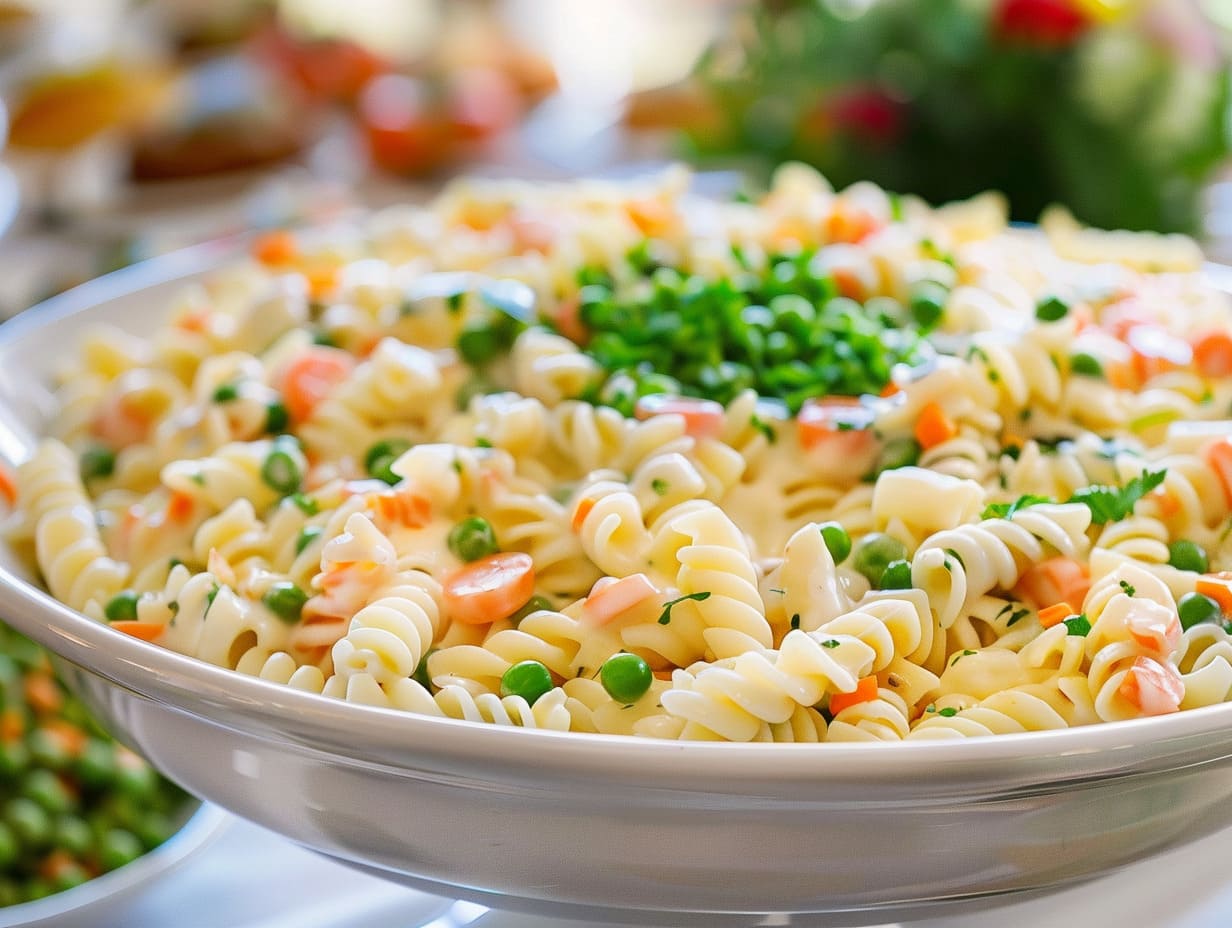 Klassischer Nudelsalat mit Mayonnaise, Erbsen und Möhren