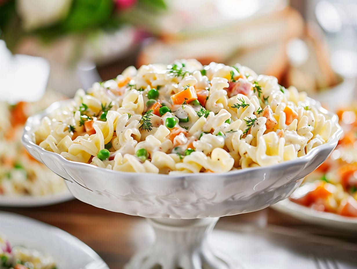 Klassischer Nudelsalat mit Mayonnaise, Erbsen und Möhren