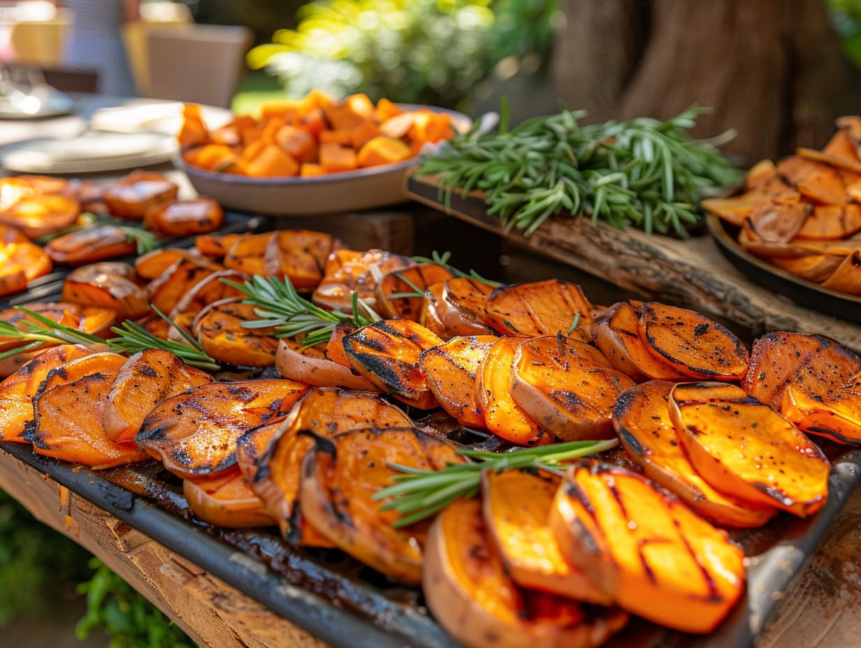 Gegrillte Süßkartoffelscheiben mit Rosmarin als vegane Beilage für Events und Buffets