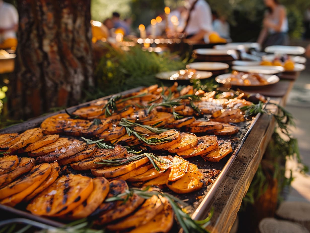 Gegrillte Süßkartoffelscheiben mit Rosmarin als vegane Beilage für Events und Buffets