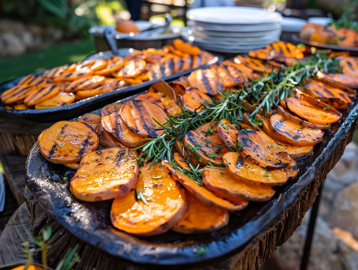 Gegrillte Süßkartoffelscheiben mit Rosmarin als vegane Beilage für Events und Buffets