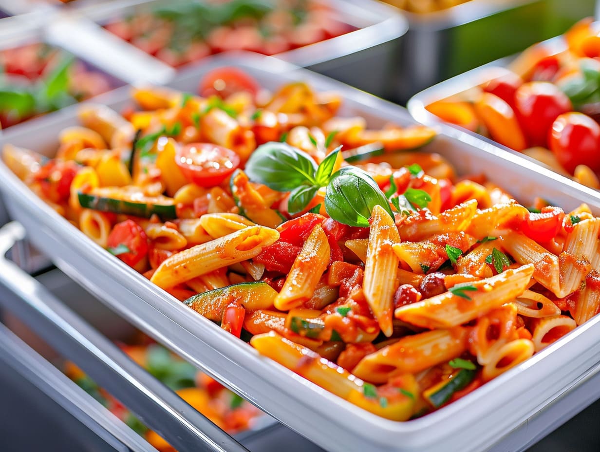 Vegane Penne mit roter Sauce und saisonalem Gemüse – bunte Pasta für Catering und Veranstaltungen