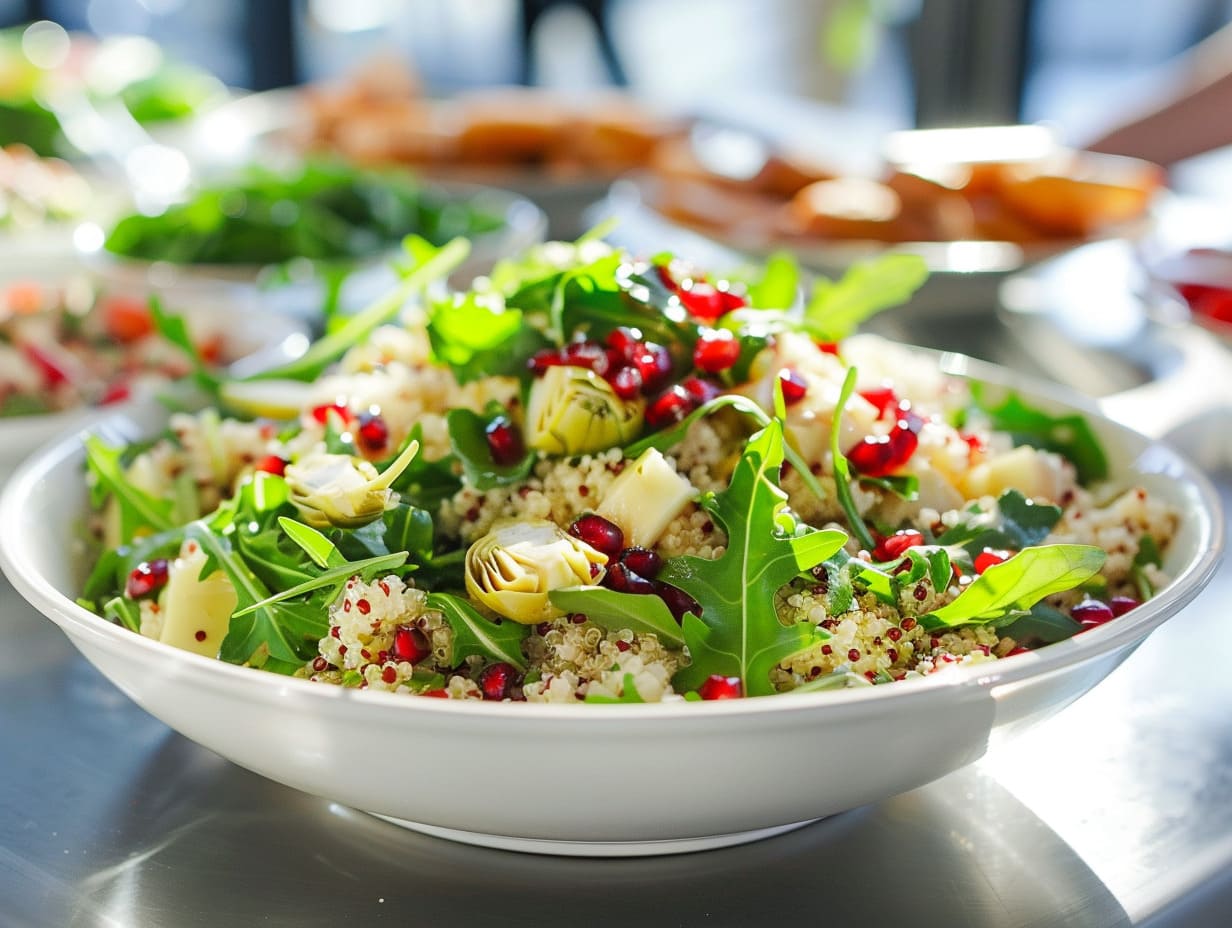 Quinoa-Salat mit Rucola, Artischocken und Granatapfel