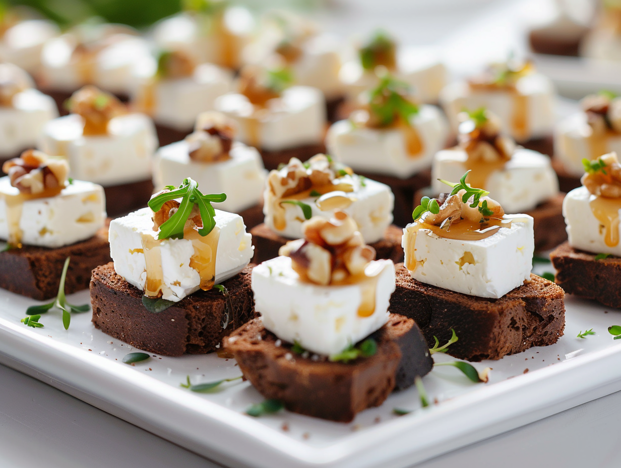 Canapés mit Ziegenfrischkäse auf Pumpernickel