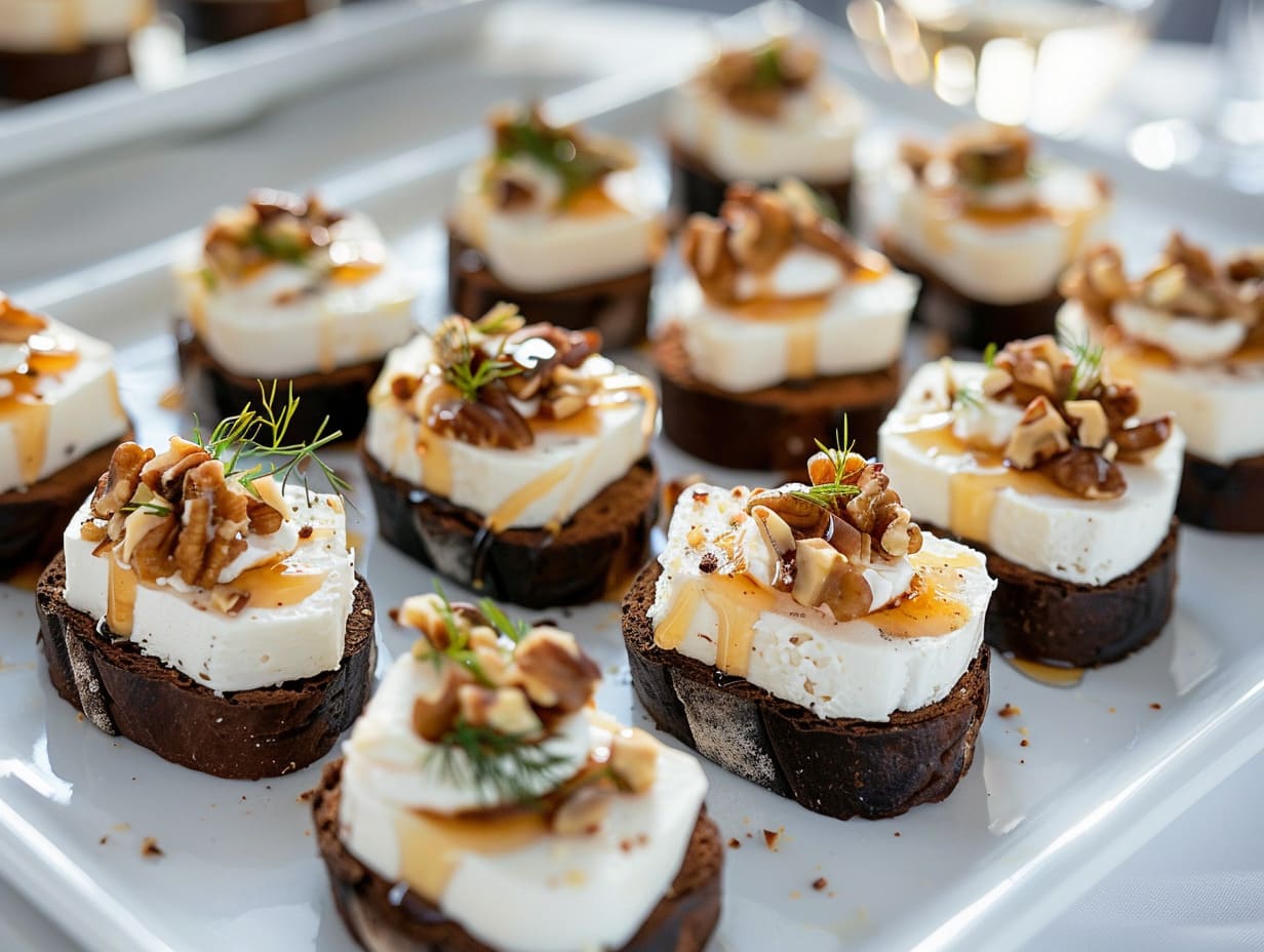 Canapés mit Ziegenfrischkäse auf Pumpernickel