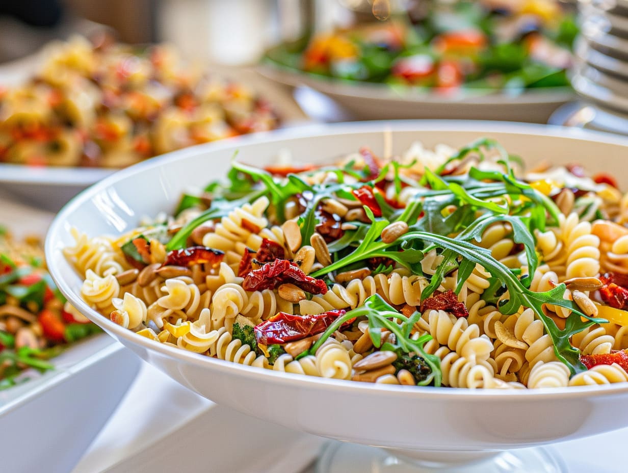 Nudelsalat mit gegrilltem Gemüse, getrockneten Tomaten, Rucola und Sonnenblumenkernen