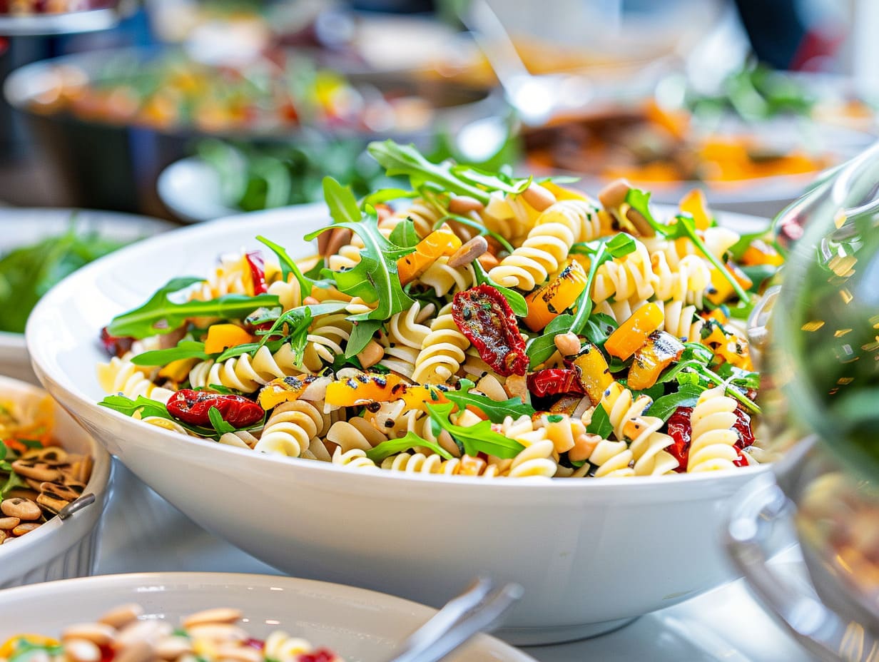 Nudelsalat mit gegrilltem Gemüse, getrockneten Tomaten, Rucola und Sonnenblumenkernen