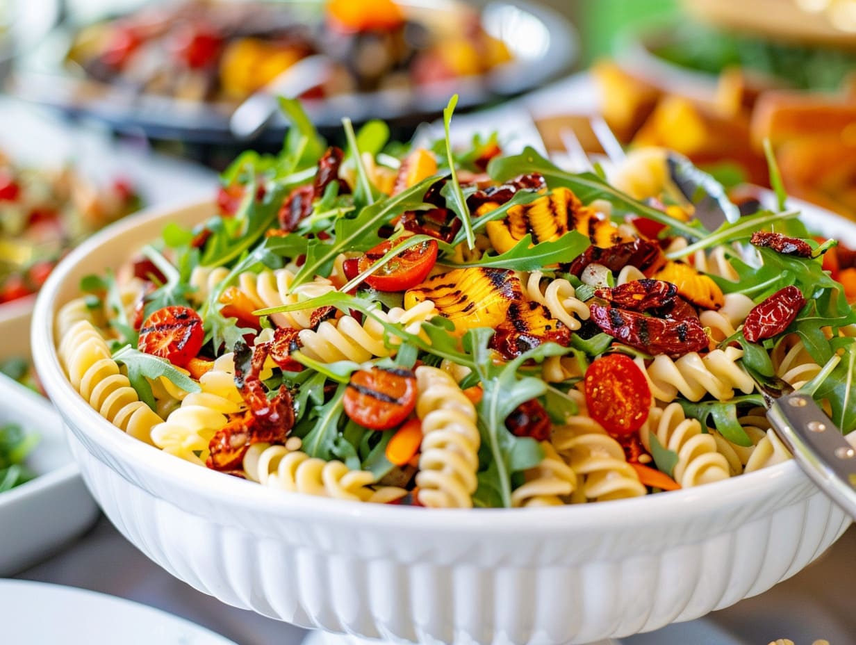Nudelsalat mit gegrilltem Gemüse, getrockneten Tomaten, Rucola und Sonnenblumenkernen