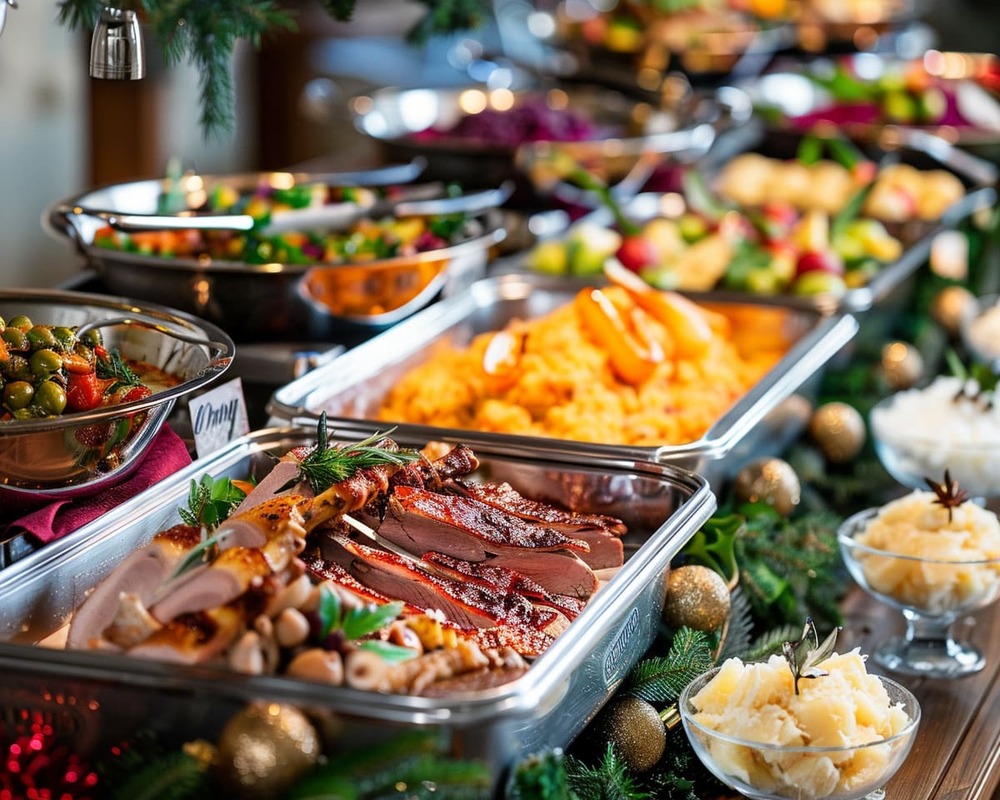 Festliches Weihnachtsbuffet von Orange Catering mit Lachs, Entenkeule, Rinderbraten, Beilagen und Desserts