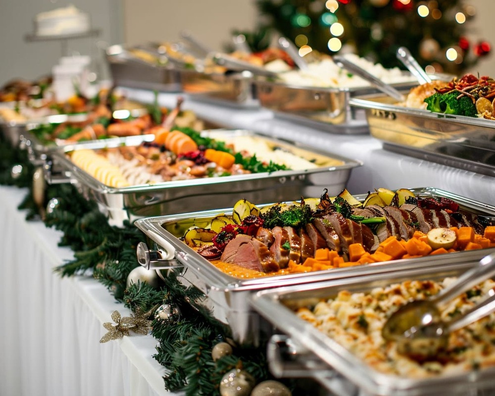 Festliches Weihnachtsbuffet von Orange Catering mit Lachs, Entenkeule, Rinderbraten, Beilagen und Desserts