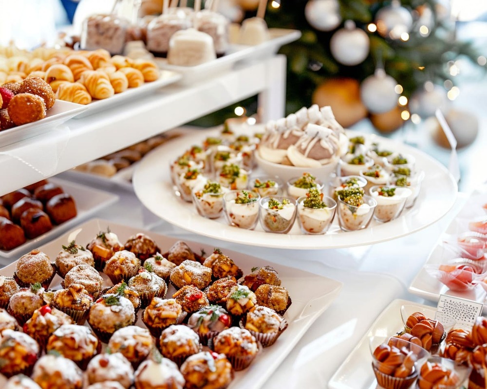 Weihnachtliches Fingerfood Klassik von Orange Catering mit herzhaften Snacks und winterlichen Desserts