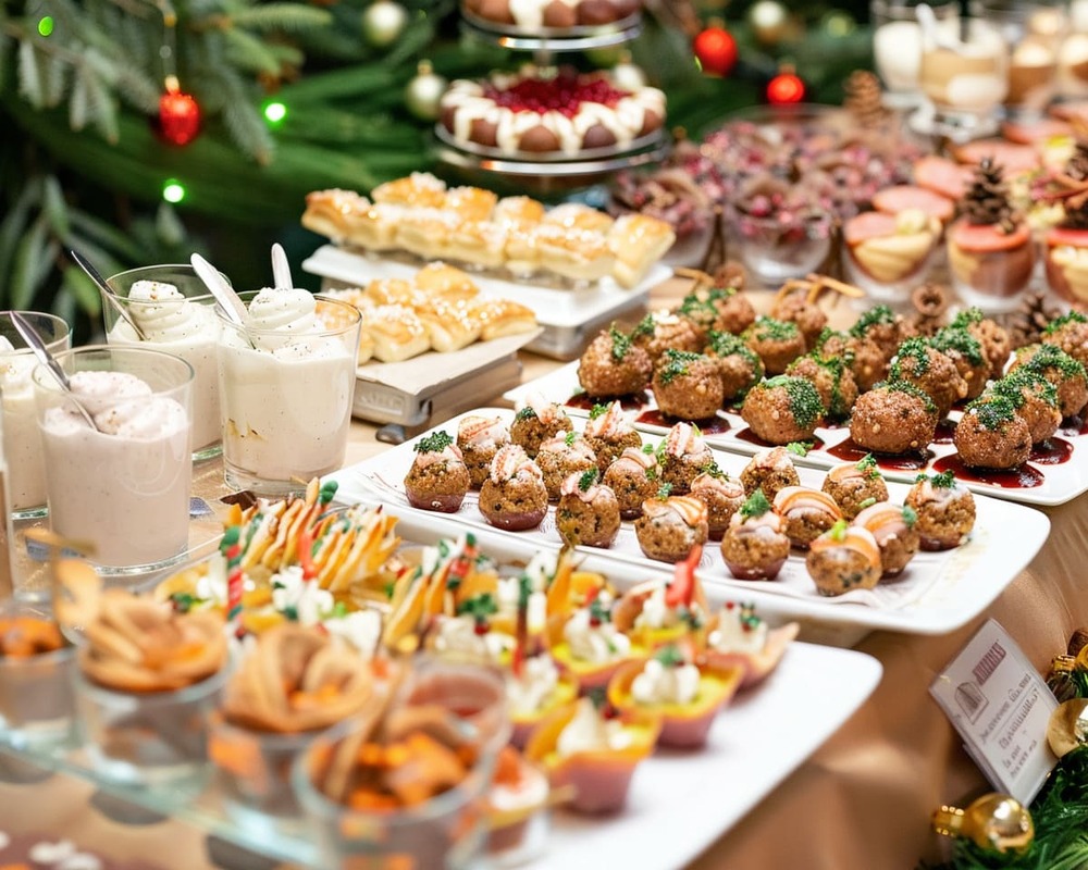 Weihnachtliches Fingerfood Klassik von Orange Catering mit herzhaften Snacks und winterlichen Desserts