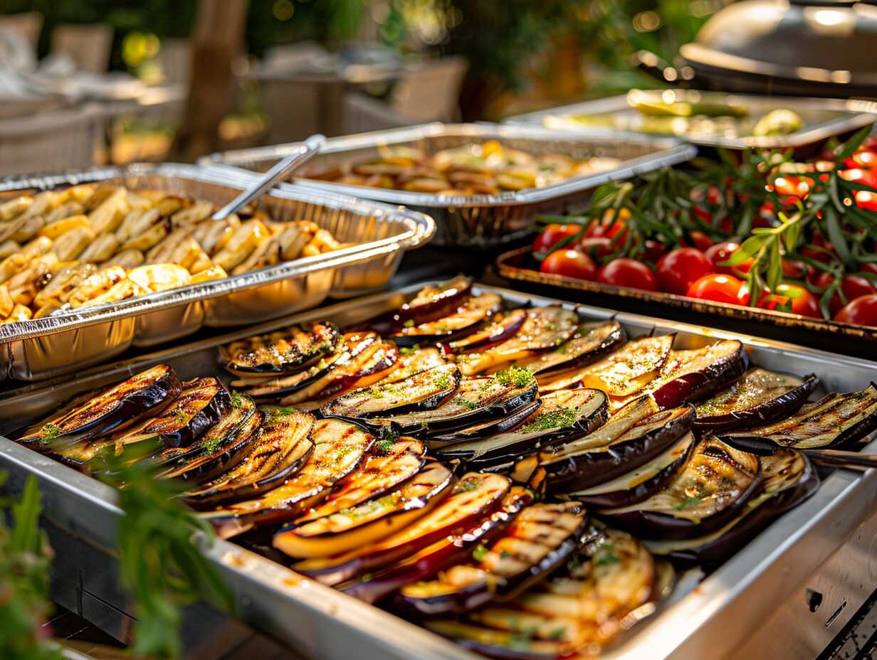Gegrillte Auberginenscheiben als vegetarische Beilage für Grillbuffets und Catering
