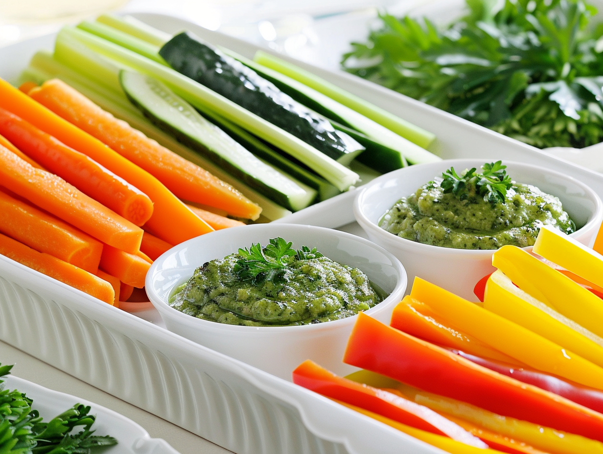 Gemüsestickplatte mit Kräuter- & Pesto-Dip