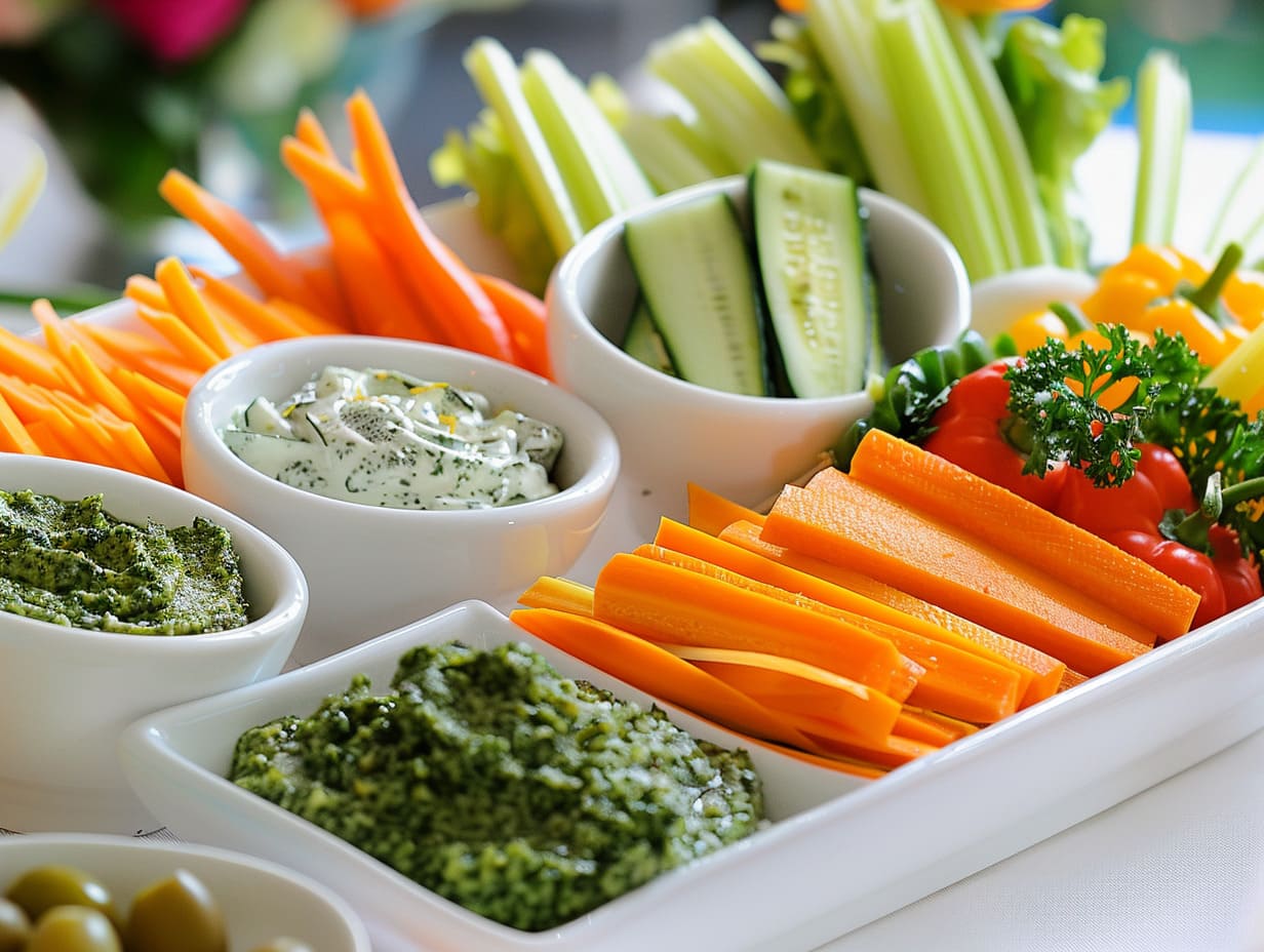 Gemüsestickplatte mit Kräuter- & Pesto-Dip