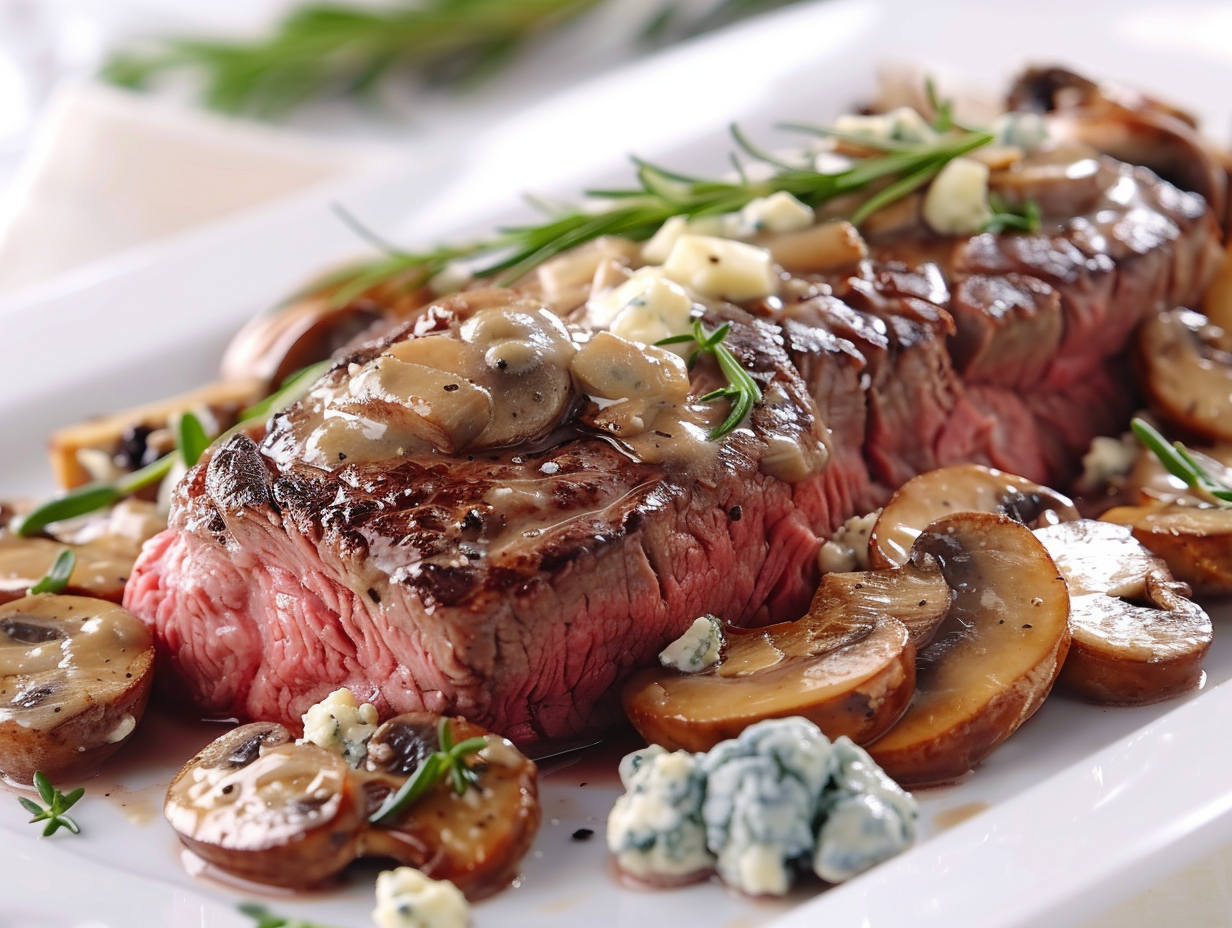 Rinderhüftsteak mit Pilz-Gorgonzola-Sauce