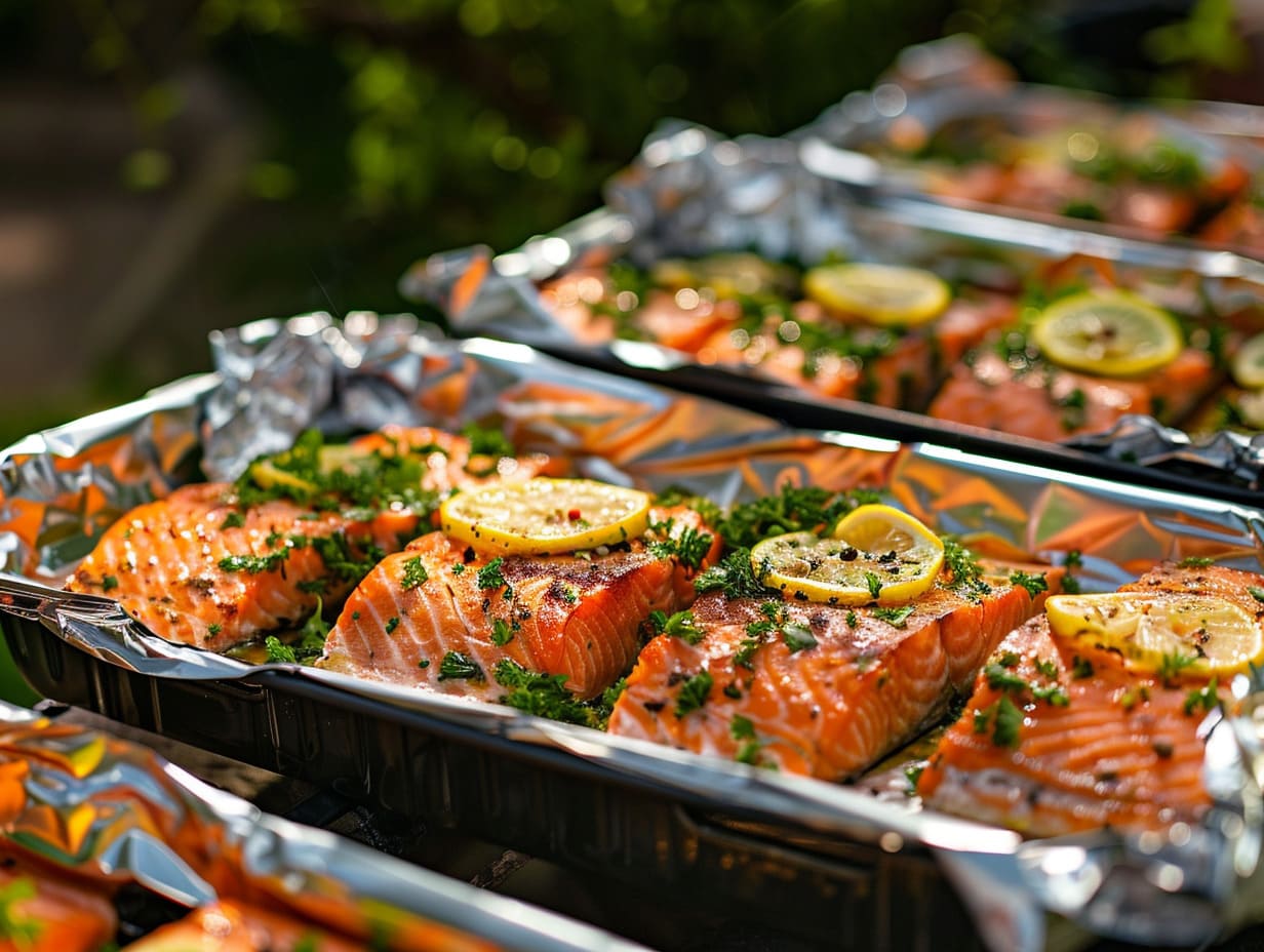Lachsfilet in Folie mit Zitrone, Olivenöl und Kräutern für mediterranes Eventcatering