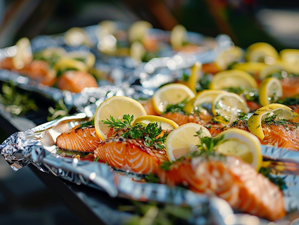 Lachsfilet in Folie mit Zitrone, Olivenöl und Kräutern für mediterranes Eventcatering