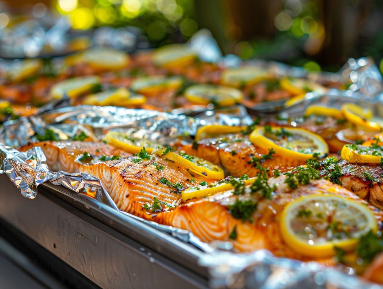 Lachsfilet in Folie mit Zitrone, Olivenöl und Kräutern für mediterranes Eventcatering