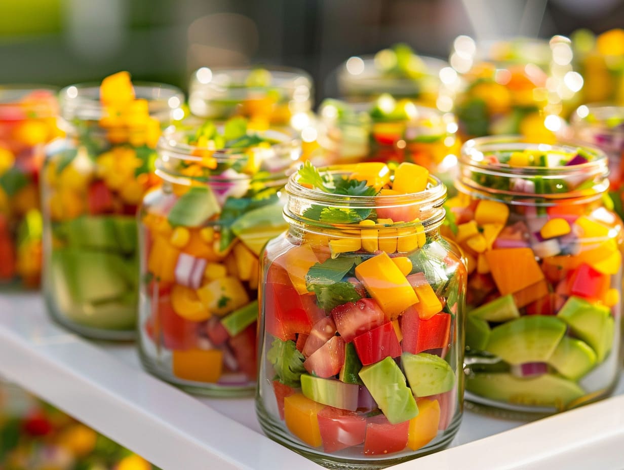 Im Glas: Mexikanischer Mais-Salat mit Paprika, Tomaten und Avocado