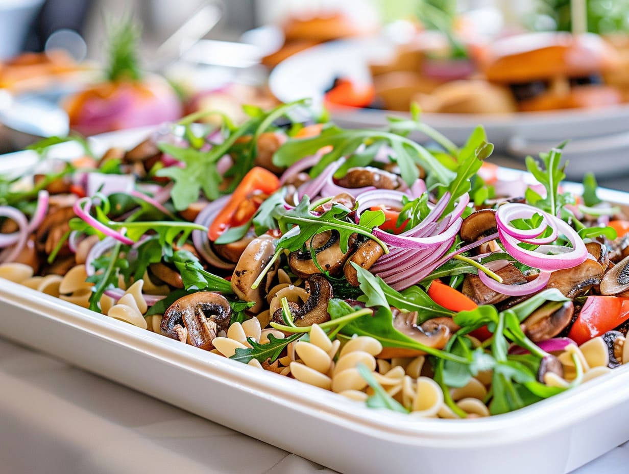 Vegane Pasta Toskana – mediterrane Pasta mit Rucola und Pilzen für Buffets und veganes Catering