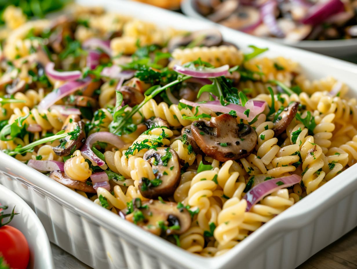 Vegane Pasta Toskana – mediterrane Pasta mit Rucola und Pilzen für Buffets und veganes Catering