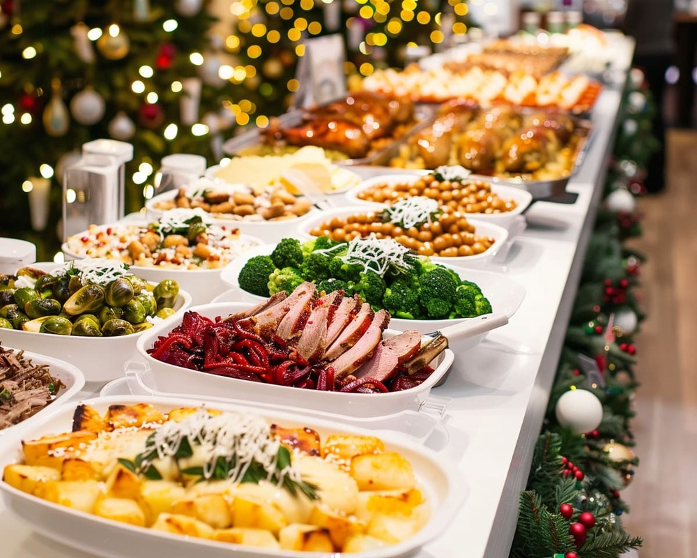 Exklusives Weihnachtsbuffet von Orange Catering mit Lachs, Roastbeef, Gänsekeule, Hirschgulasch, Beilagen und Desserts