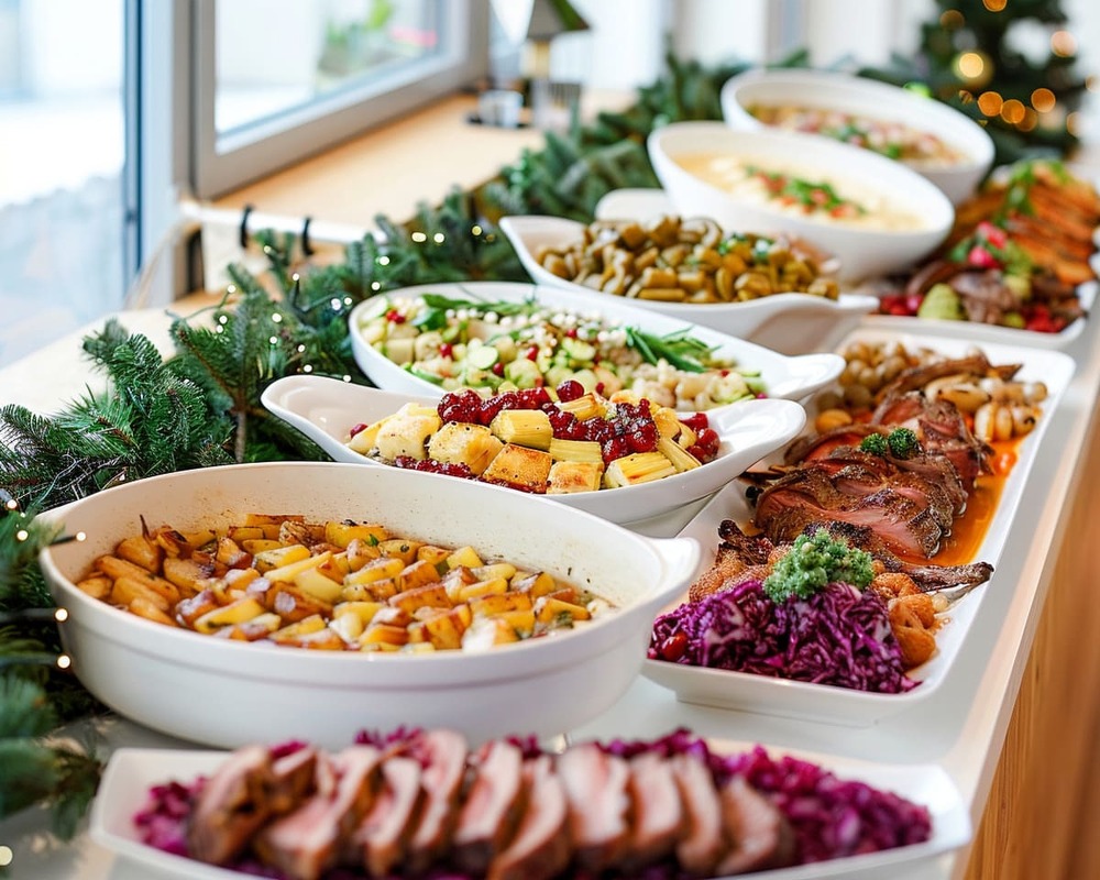 Exklusives Weihnachtsbuffet von Orange Catering mit Lachs, Roastbeef, Gänsekeule, Hirschgulasch, Beilagen und Desserts