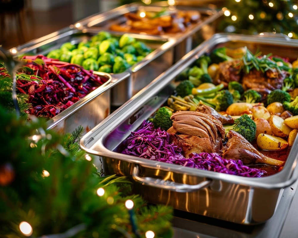 Exklusives Weihnachtsbuffet von Orange Catering mit Lachs, Roastbeef, Gänsekeule, Hirschgulasch, Beilagen und Desserts