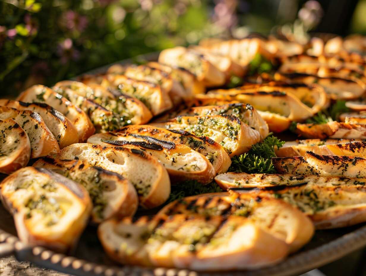Frisch gegrilltes Kräuterbaguette als warme Beilage für Grillbuffets und Events