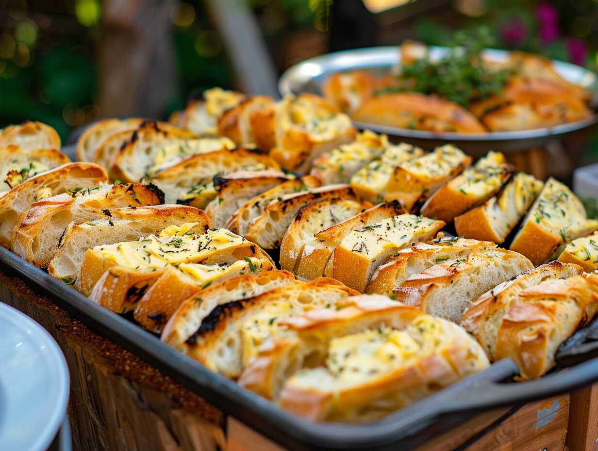 Frisch gegrilltes Kräuterbaguette als warme Beilage für Grillbuffets und Events