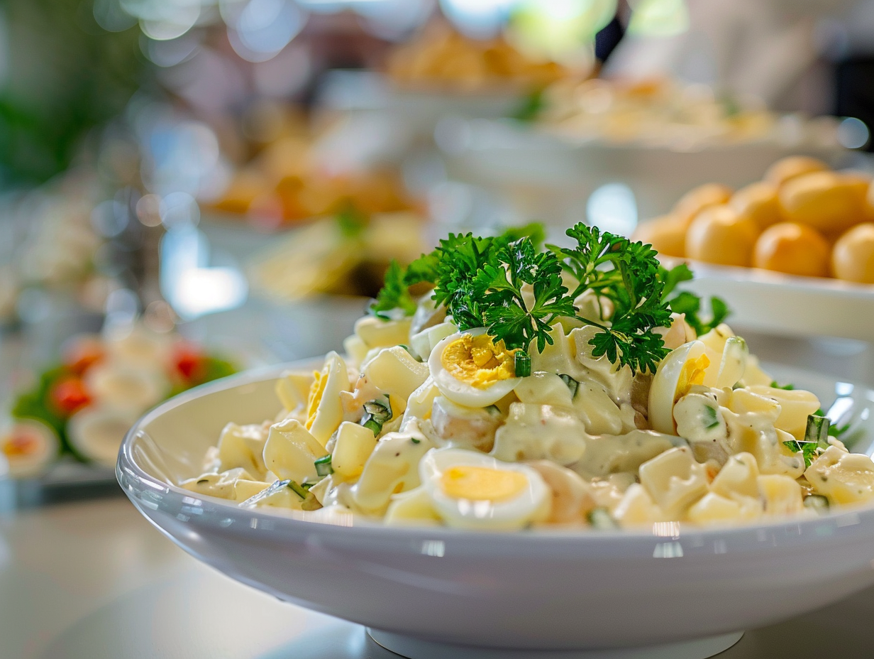 Klassischer Kartoffelsalat mit Gewürzgurke, Mayonnaise, Ei und Petersilie