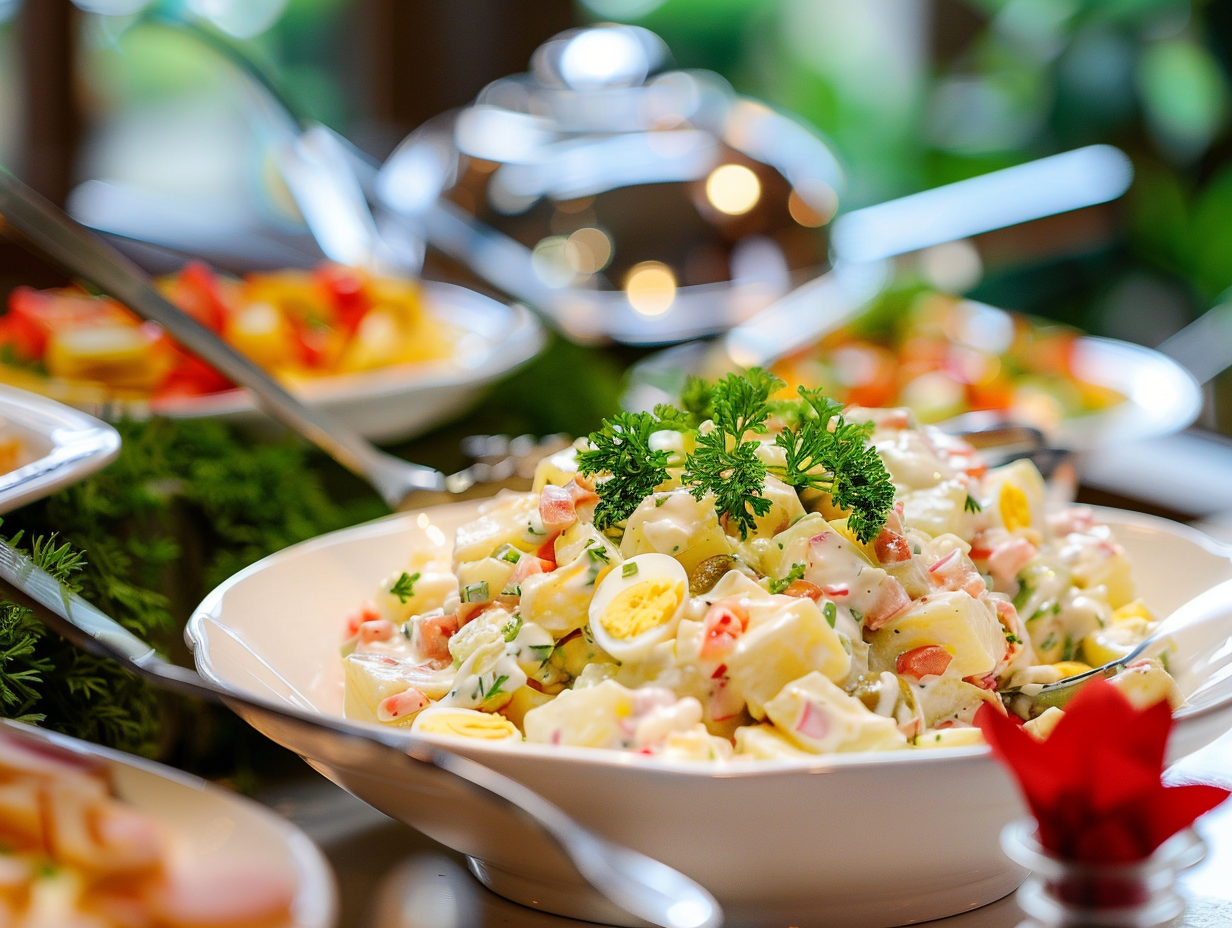 Klassischer Kartoffelsalat mit Gewürzgurke, Mayonnaise, Ei und Petersilie