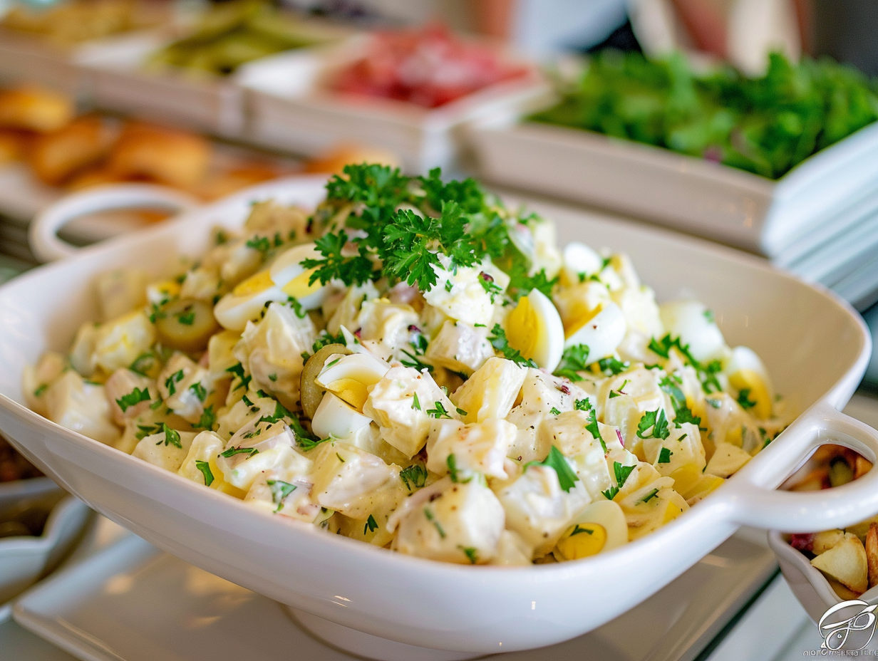 Klassischer Kartoffelsalat mit Gewürzgurke, Mayonnaise, Ei und Petersilie