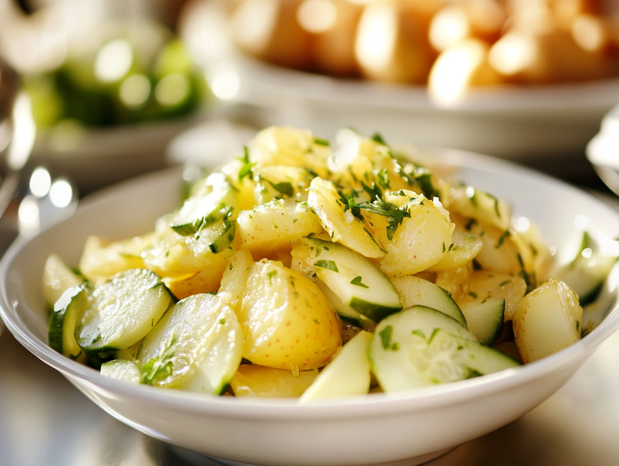 Kartoffelsalat mit Essig, Öl und Gurke