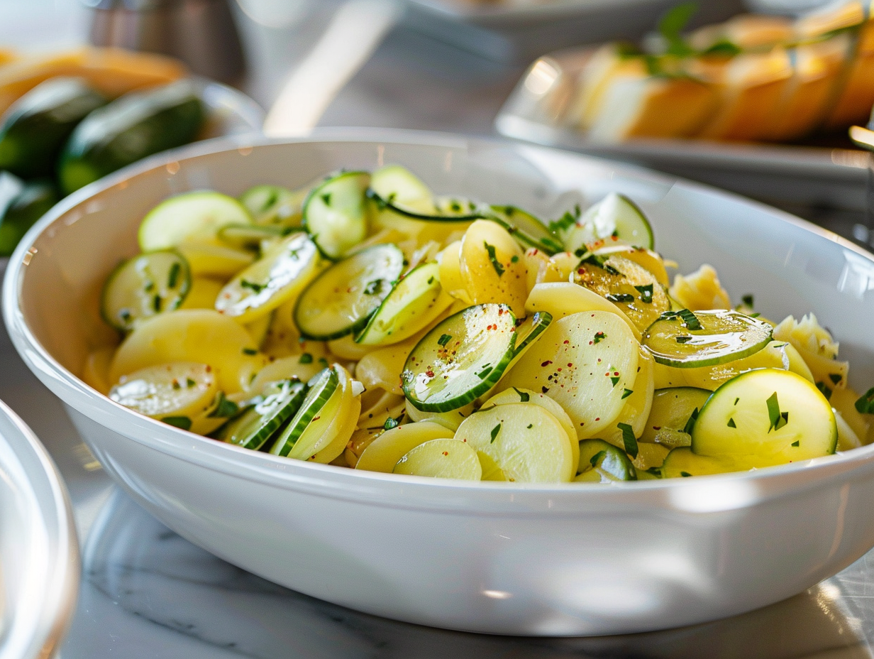 Kartoffelsalat mit Essig, Öl und Gurke