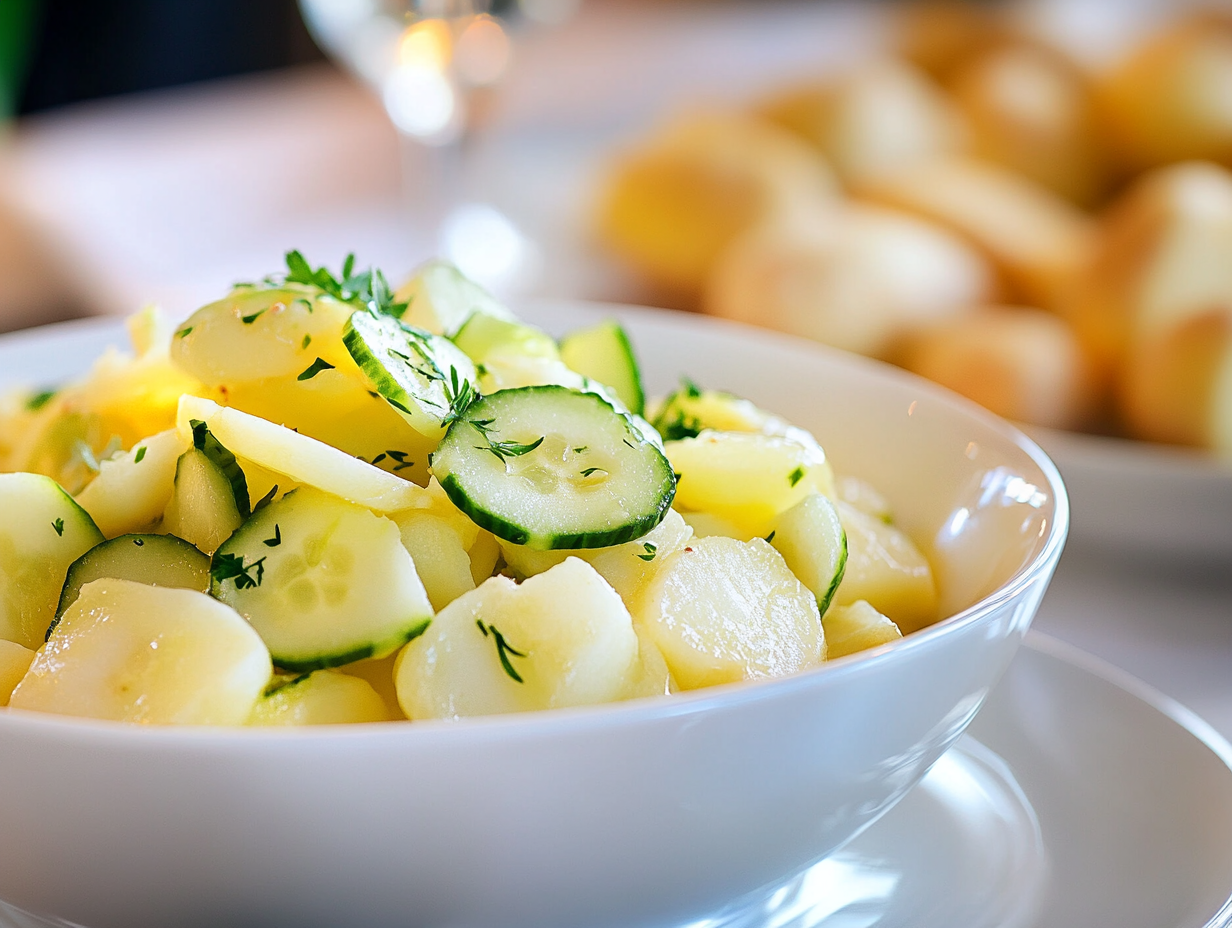 Kartoffelsalat mit Essig, Öl und Gurke
