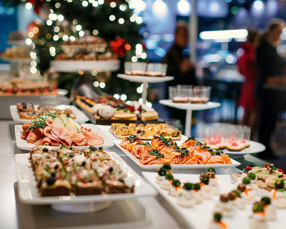 Weihnachtliches Fingerfood Festlich von Orange Catering mit Räucherlachs, Roastbeef, Entenbrust und winterlichen Desserts