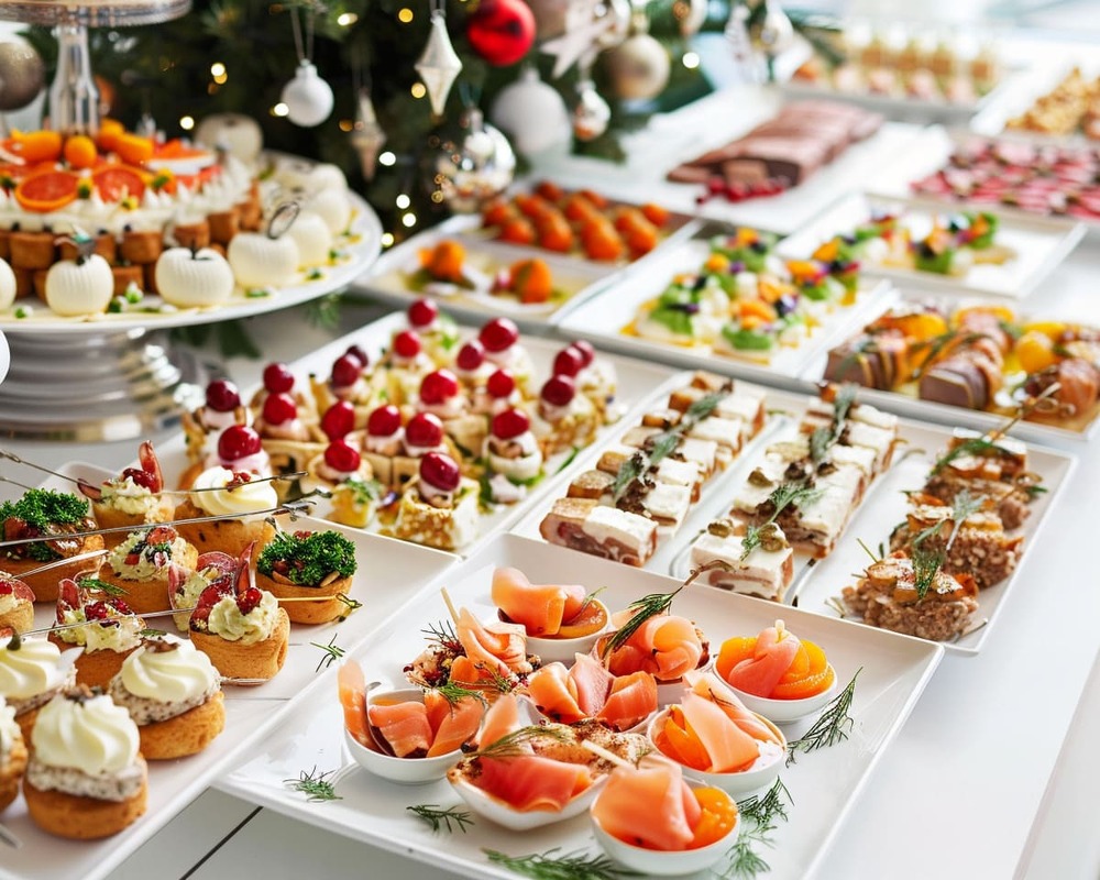 Weihnachtliches Fingerfood Festlich von Orange Catering mit Räucherlachs, Roastbeef, Entenbrust und winterlichen Desserts