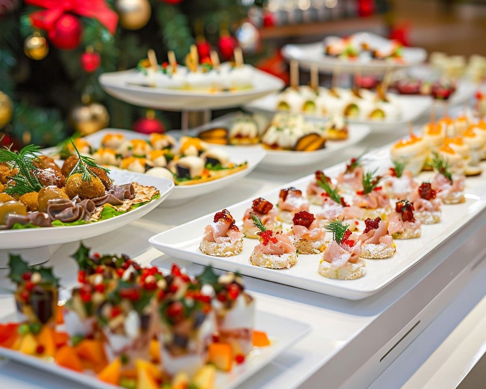 Weihnachtliches Fingerfood Festlich von Orange Catering mit Räucherlachs, Roastbeef, Entenbrust und winterlichen Desserts
