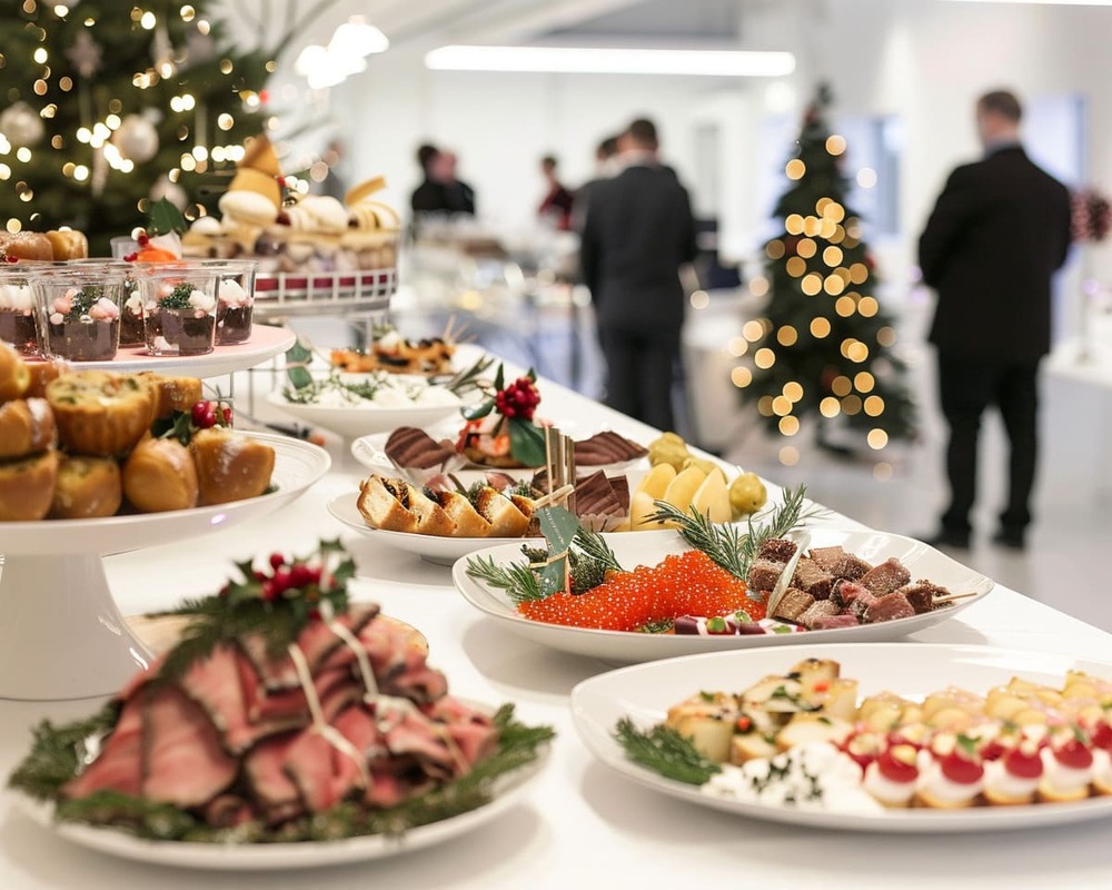 Exklusives Weihnachts-Fingerfood von Orange Catering mit Lachs, Kaviar, Roastbeef, Wildterrine und winterlichen Desserts