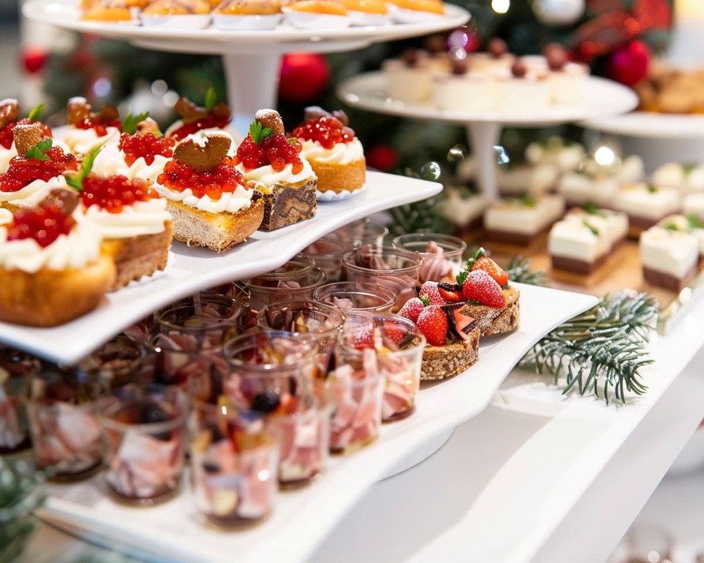 Exklusives Weihnachts-Fingerfood von Orange Catering mit Lachs, Kaviar, Roastbeef, Wildterrine und winterlichen Desserts
