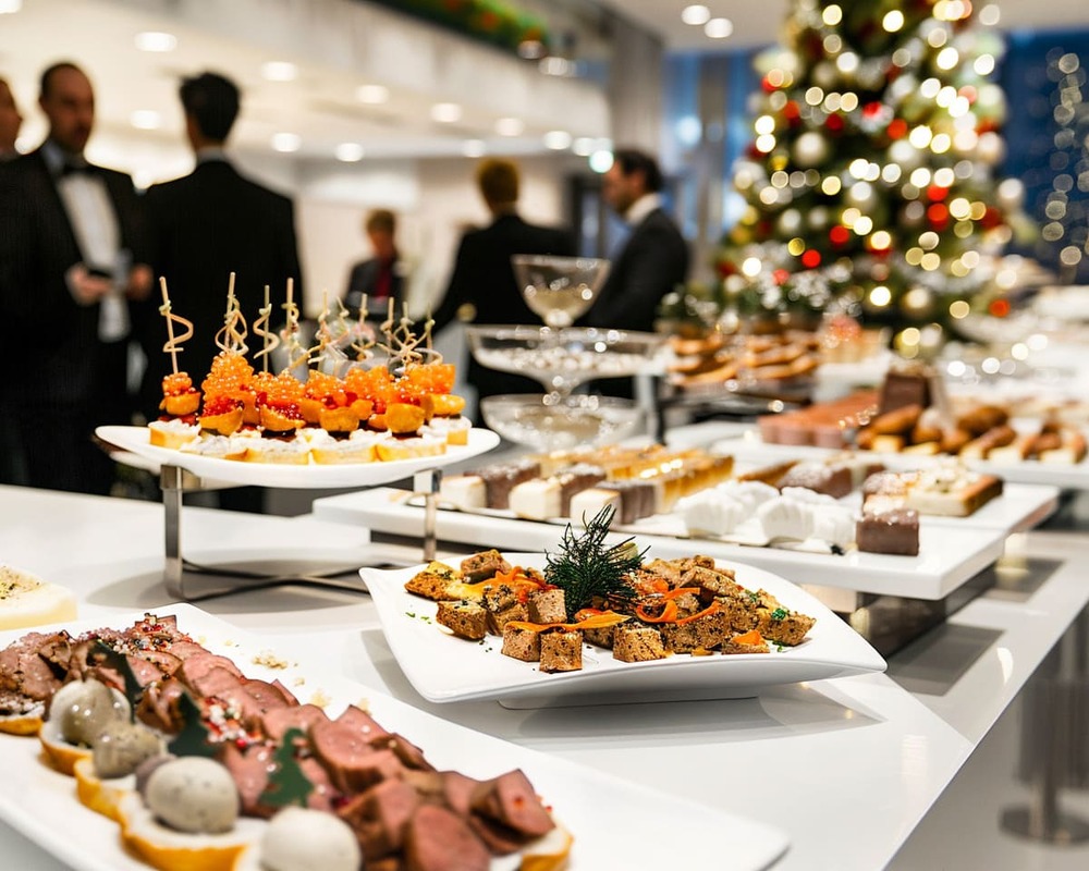 Exklusives Weihnachts-Fingerfood von Orange Catering mit Lachs, Kaviar, Roastbeef, Wildterrine und winterlichen Desserts