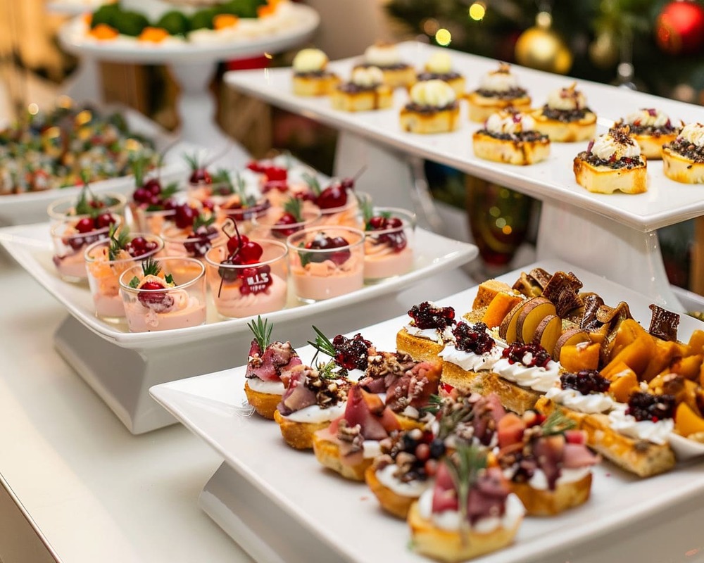Exklusives Weihnachts-Fingerfood von Orange Catering mit Lachs, Kaviar, Roastbeef, Wildterrine und winterlichen Desserts